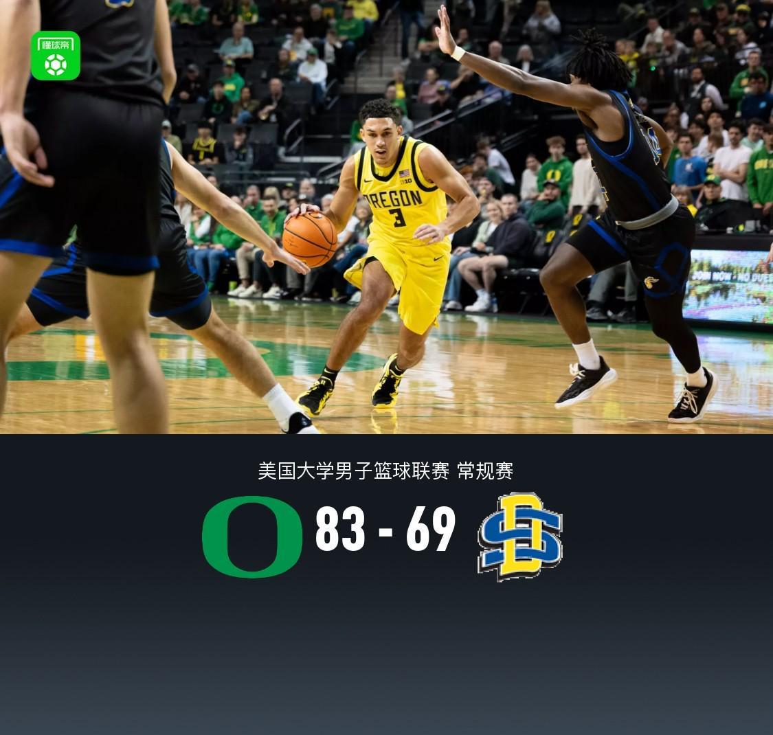 俄勒冈大学83-69战胜南达科他州立，林葳替补8分钟5中1得2分