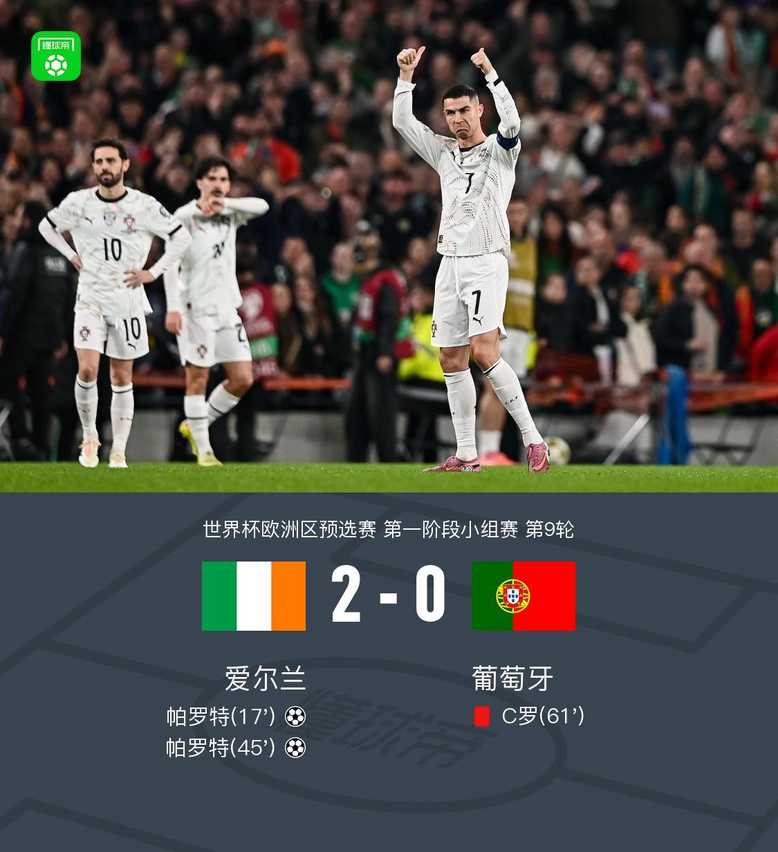 葡萄牙0-2爱尔兰无缘提前晋级，C罗肘击染红，帕罗特双响