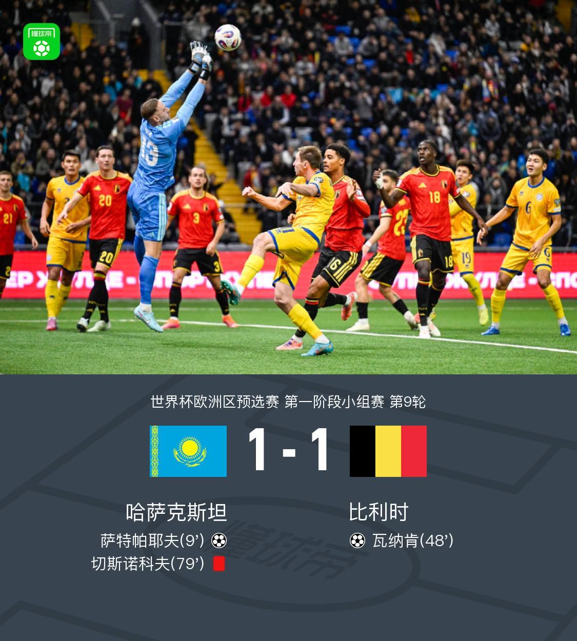 比利时1-1客平哈萨克斯坦，萨特帕耶夫破门，瓦纳肯扳平比分