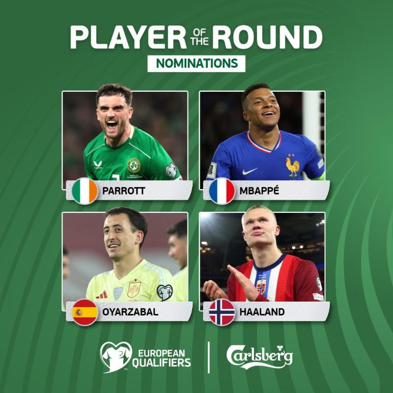 本轮欧洲世预赛最佳候选：帕罗特、姆巴佩、奥亚萨瓦尔、哈兰德
