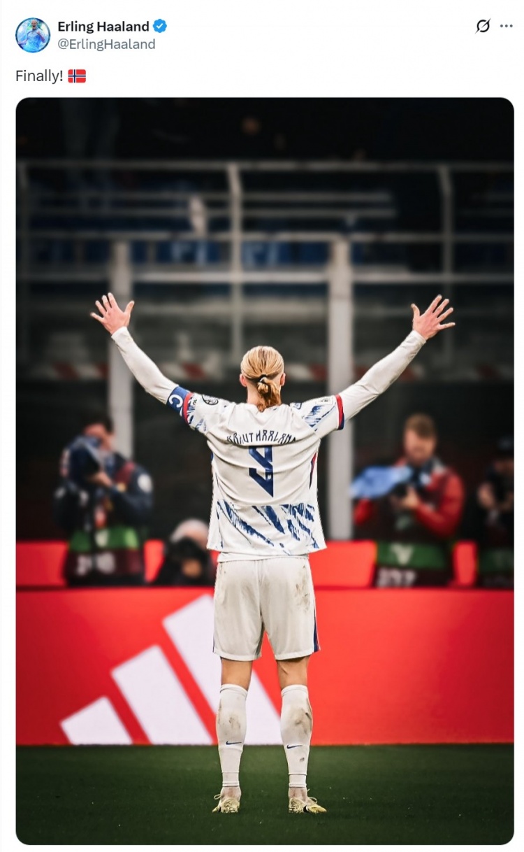哈兰德社媒庆祝晋级世界杯：终于！