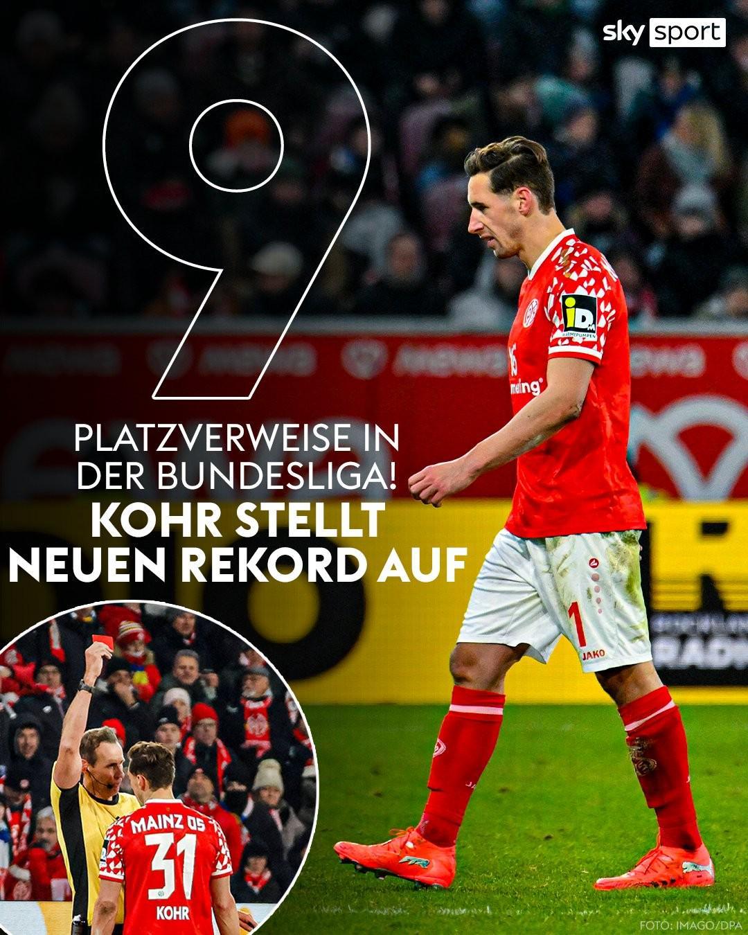 美因茨后卫科尔德甲生涯第9次染红，成德甲历史染红最多球员