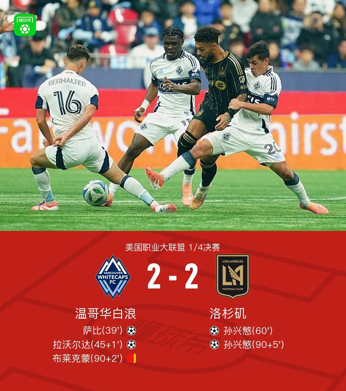 90分钟战报：温哥华白浪2-2洛杉矶，孙兴慜双响+读秒绝平