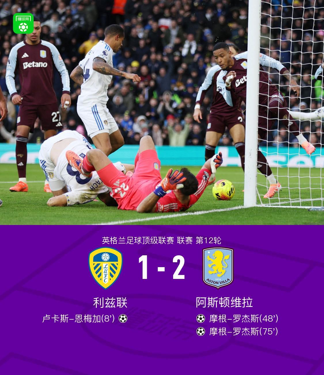 维拉客场2-1逆转利兹联，摩根-罗杰斯双响，恩梅加破门