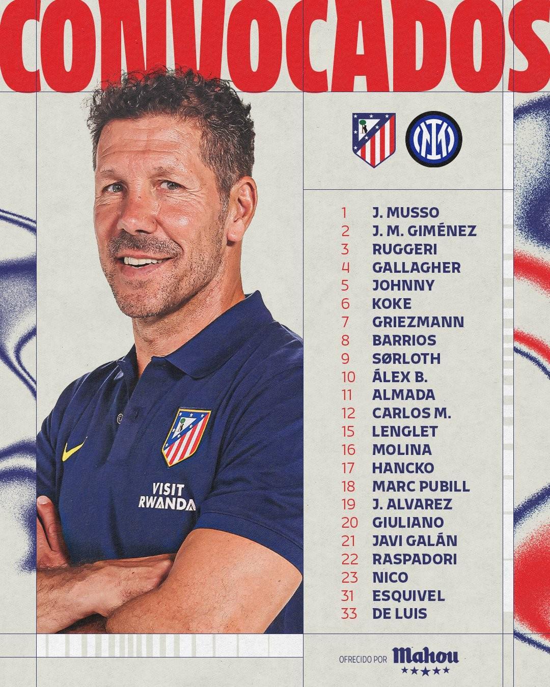 马竞战国米大名单：小蜘蛛领衔，小西蒙尼回归，奥布拉克缺阵