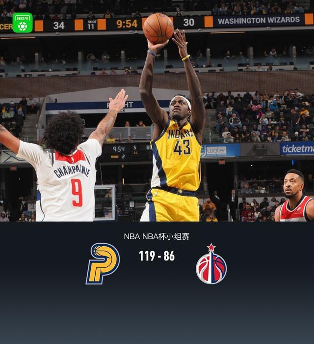 步行者119-86狂胜奇才，西亚卡姆24+11，萨尔空砍24+8