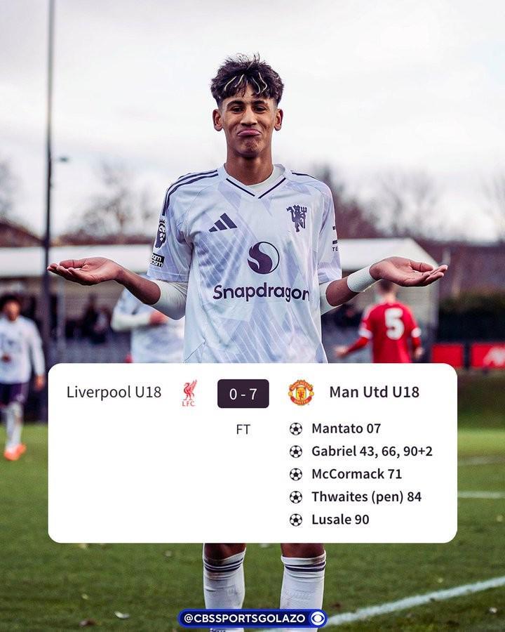 曼联U18客场7-0击败利物浦U19，JJ-加布里埃尔戴帽