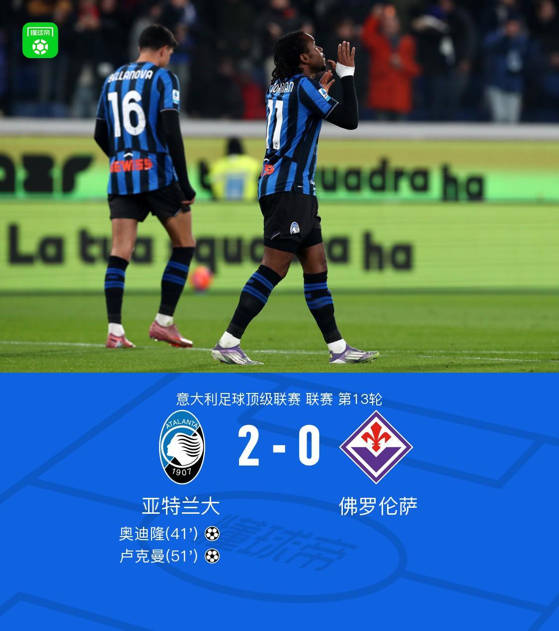 亚特兰大2-0佛罗伦萨，奥迪隆破僵，卢克曼建功