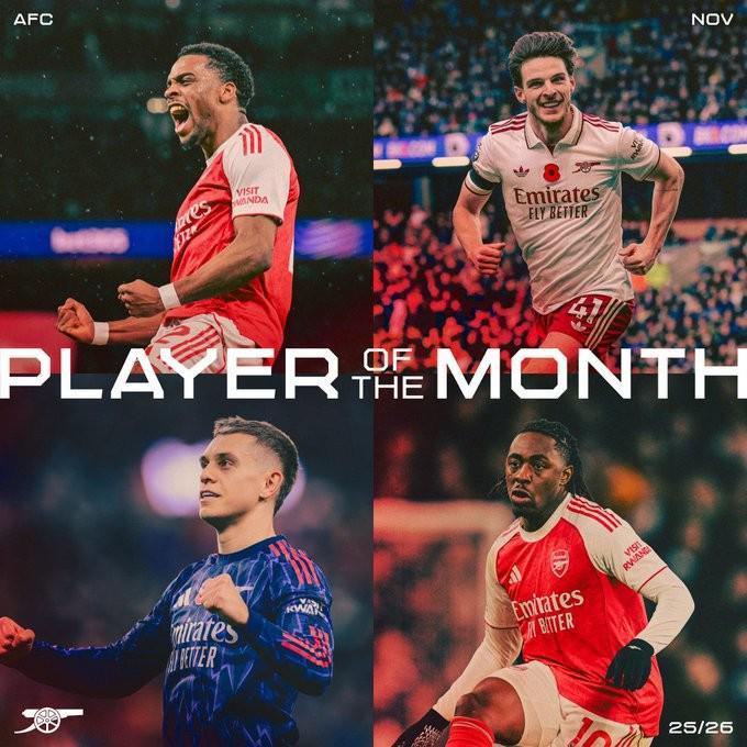 阿森纳11月最佳球员候选：廷贝尔、赖斯、特罗萨德、埃泽在列