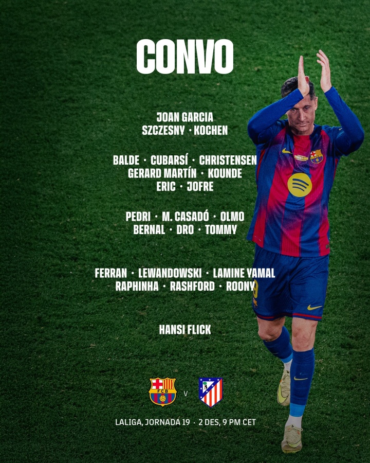 巴萨公布对阵马竞大名单：莱万、拉什福德领衔 德容因发烧缺席