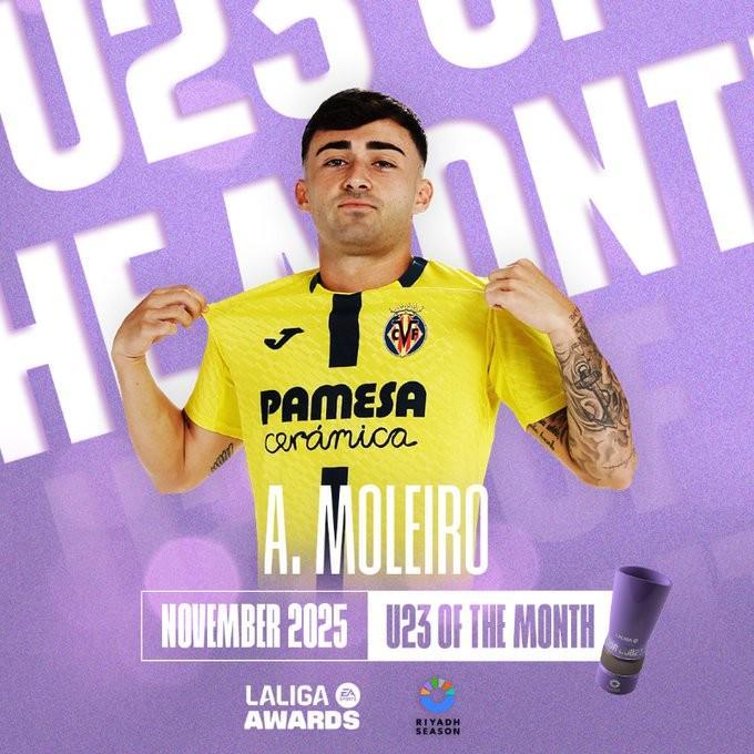 力压贝林、费尔明等4人，莫莱罗蝉联西甲月最佳U23球员
