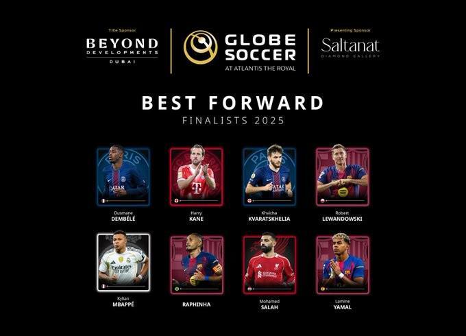 环足奖年度最佳前锋最终8人候选：登贝莱、亚马尔、姆巴佩在列