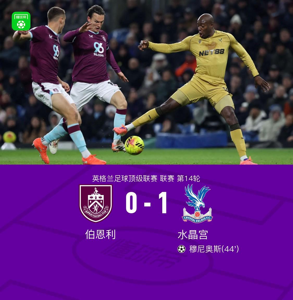 水晶宫客场1-0伯恩利，格伊助攻穆尼奥斯头球制胜