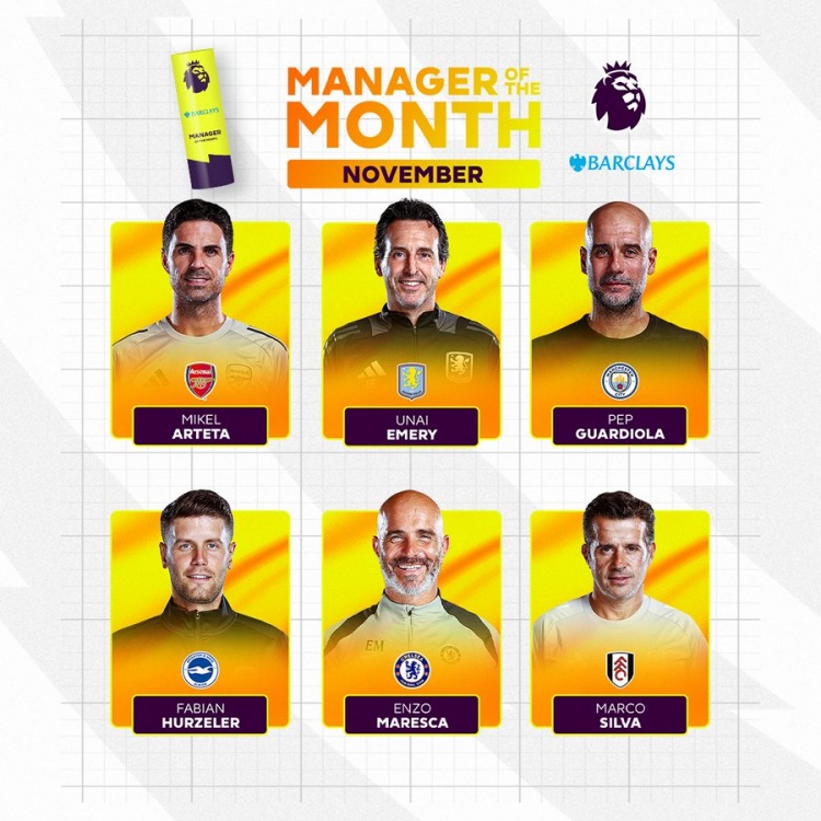 英超11月最佳主帅候选：阿尔特塔、瓜迪奥拉、马雷斯卡在列