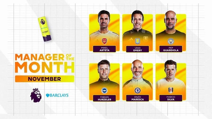英超11月最佳主帅候选：马雷斯卡、瓜帅、塔帅、埃梅里在列