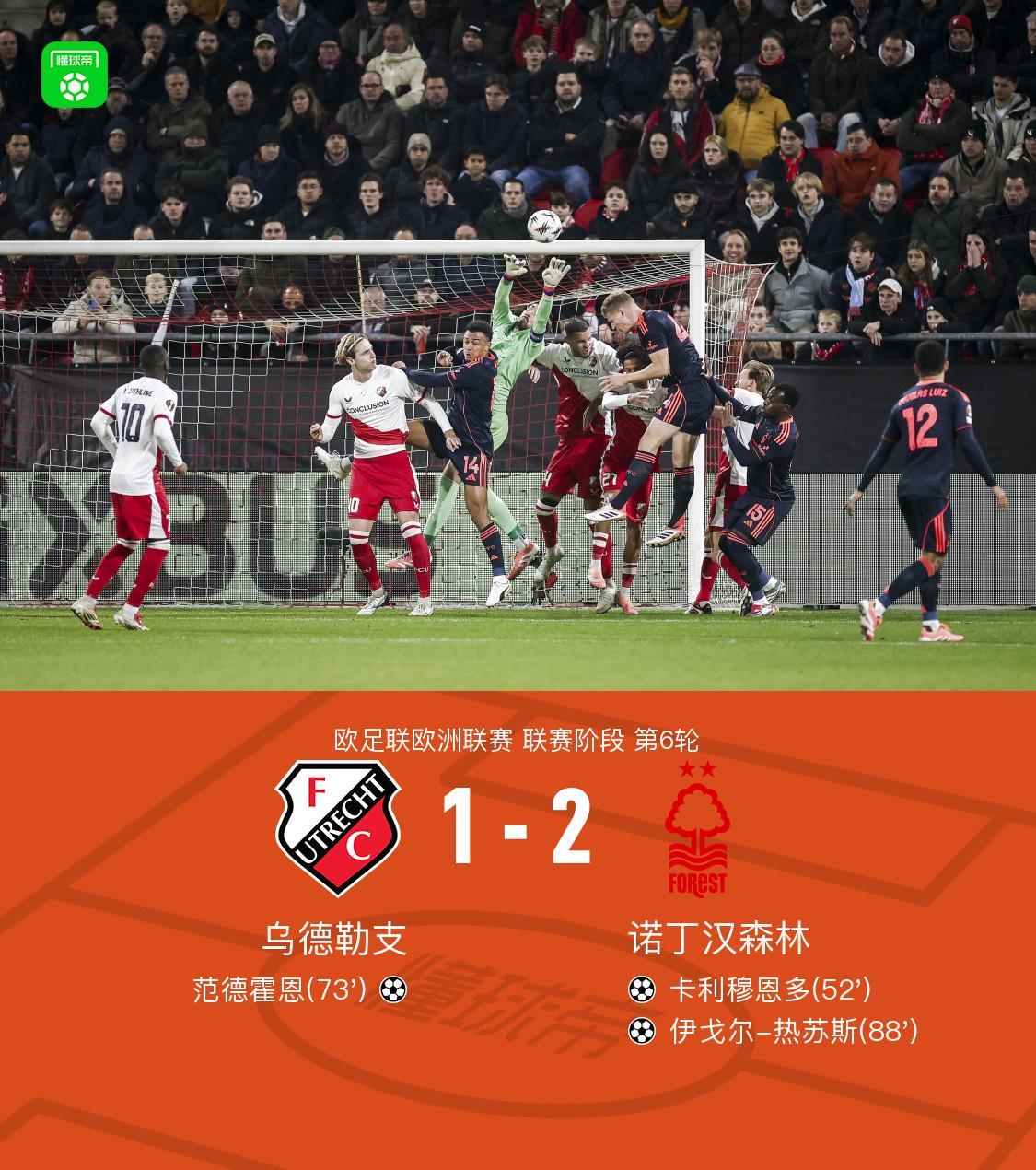 森林2-1乌德勒支，卡列穆恩的、热苏斯建功