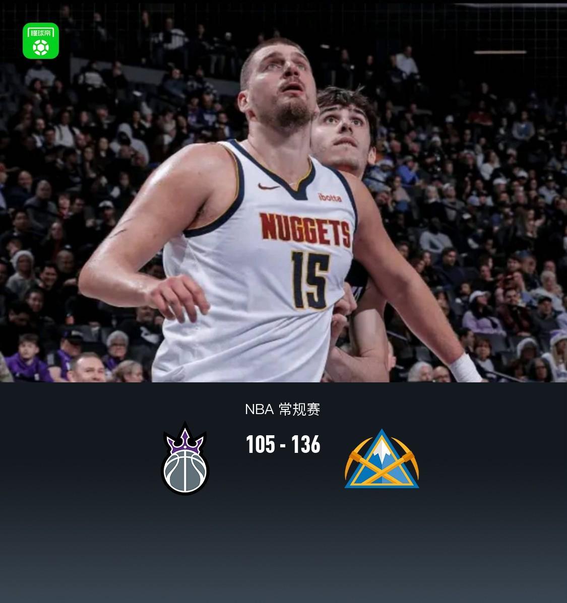 掘金136-105大胜国王，约基奇16中14轰下36+12+8，威少17分