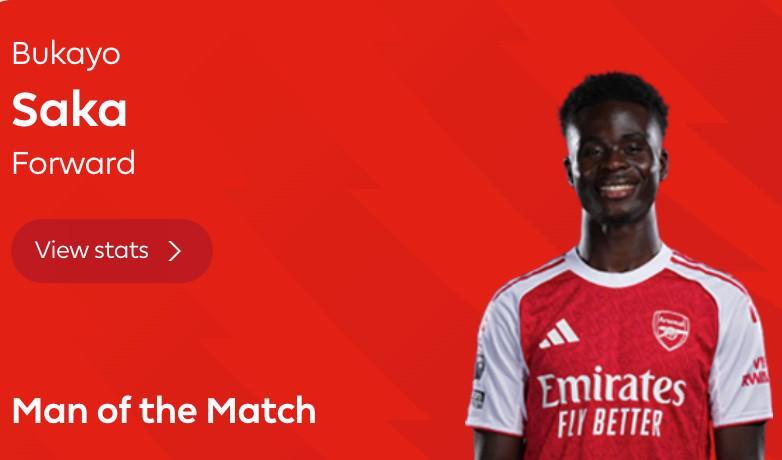 10次对抗全部成功+造4次机会，萨卡当选阿森纳2-1狼队全场最佳