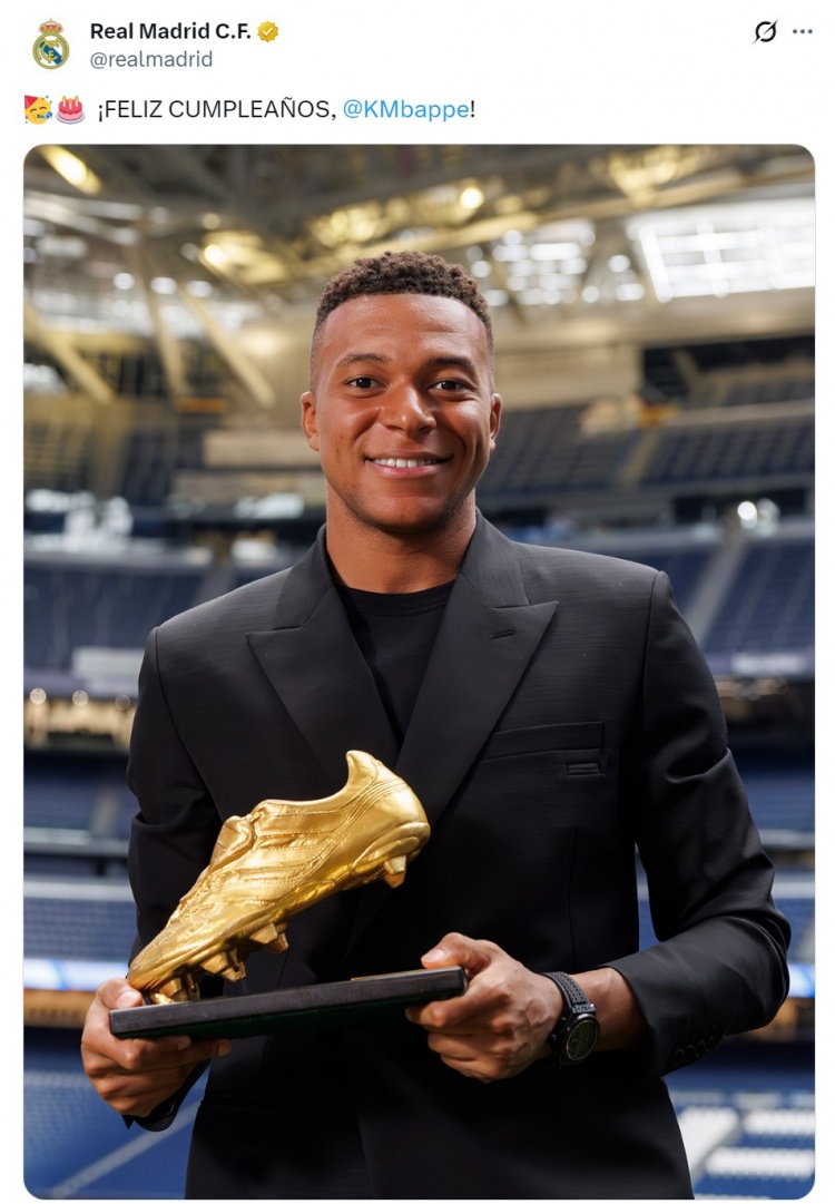 皇马官方社媒祝姆巴佩27岁生日快乐，出战82场72球