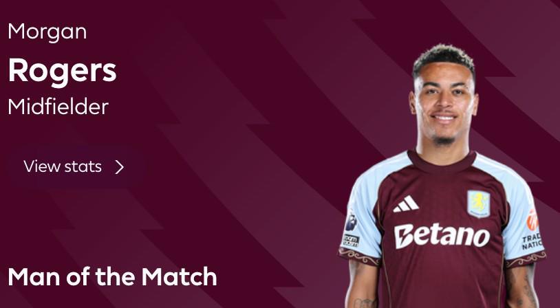 双响助维拉豪取10连胜，摩根-罗杰斯当选与曼联一役全场最佳