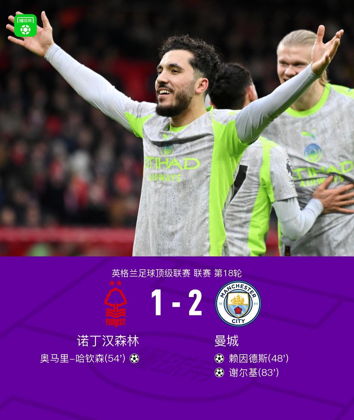 剑南春丨曼城客场2-1诺丁汉森林，谢尔基传射，赖因德斯建功