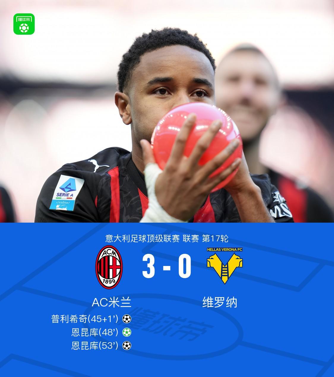 剑南春｜米兰3-0维罗纳暂登顶，恩昆库梅开二度+意甲首球，拉比奥送助攻