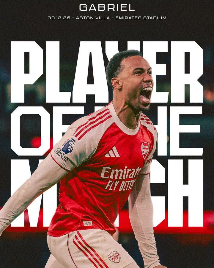 首开记录，加布里埃尔当选与维拉一役阿森纳队内最佳球员