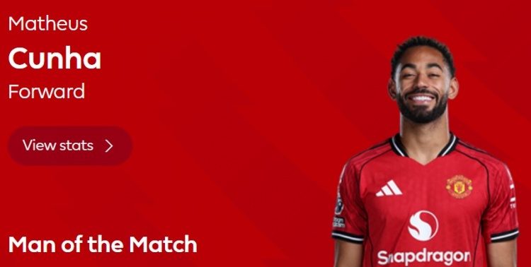 打入扳平球！官方：库尼亚当选曼联1-1利兹联全场最佳球员