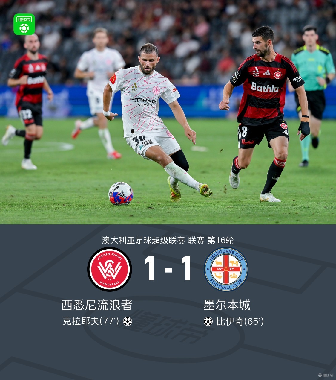 西悉尼流浪者1-1墨尔本城，比伊奇、克拉耶夫破门