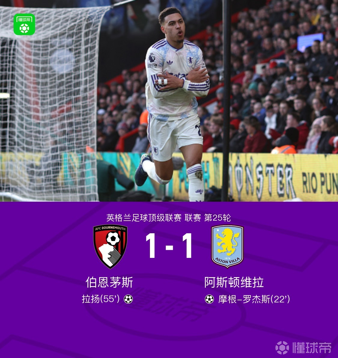 伯恩茅斯1-1维拉，摩根-罗杰斯建功，拉扬扳平