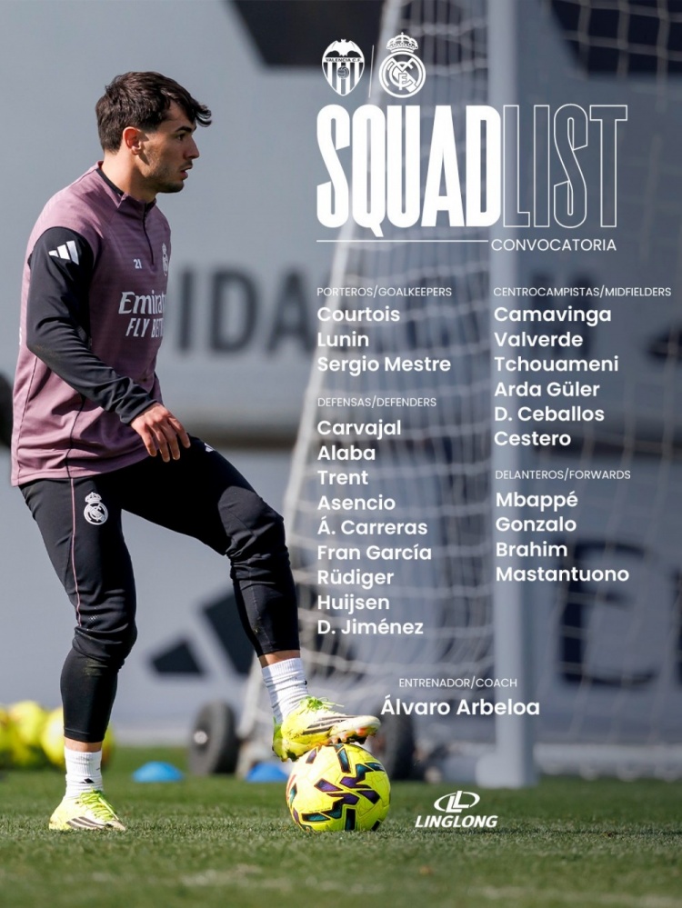 皇马对瓦伦西亚名单：贝林厄姆、维尼修斯、罗德里戈缺席