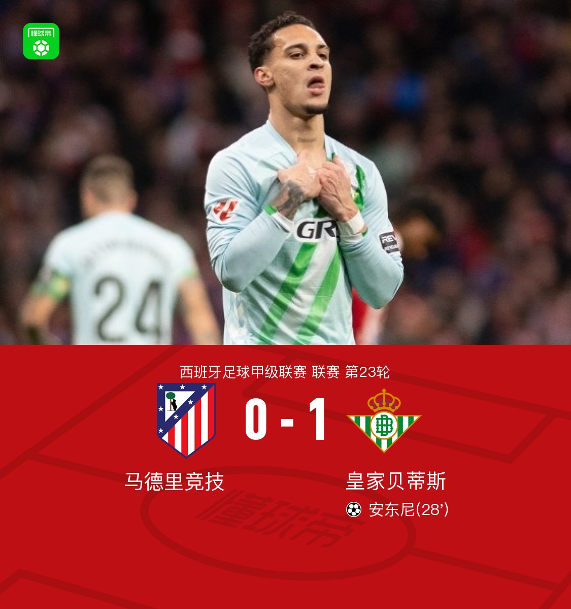马竞两球被吹0-1贝蒂斯，安东尼内切远射制胜