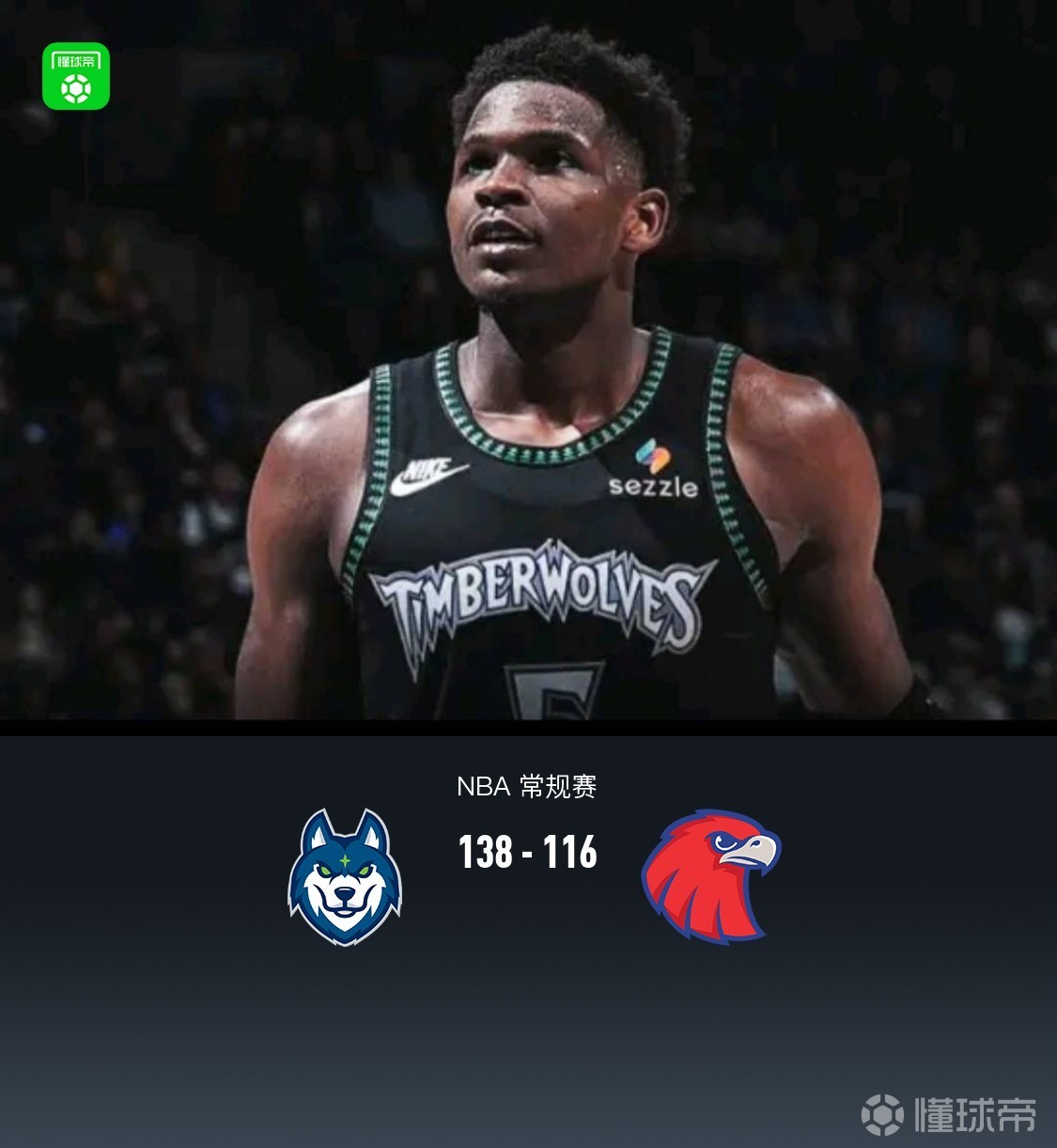 森林狼138-116大胜老鹰，爱德华兹30分，兰德尔三双，麦科勒姆38分