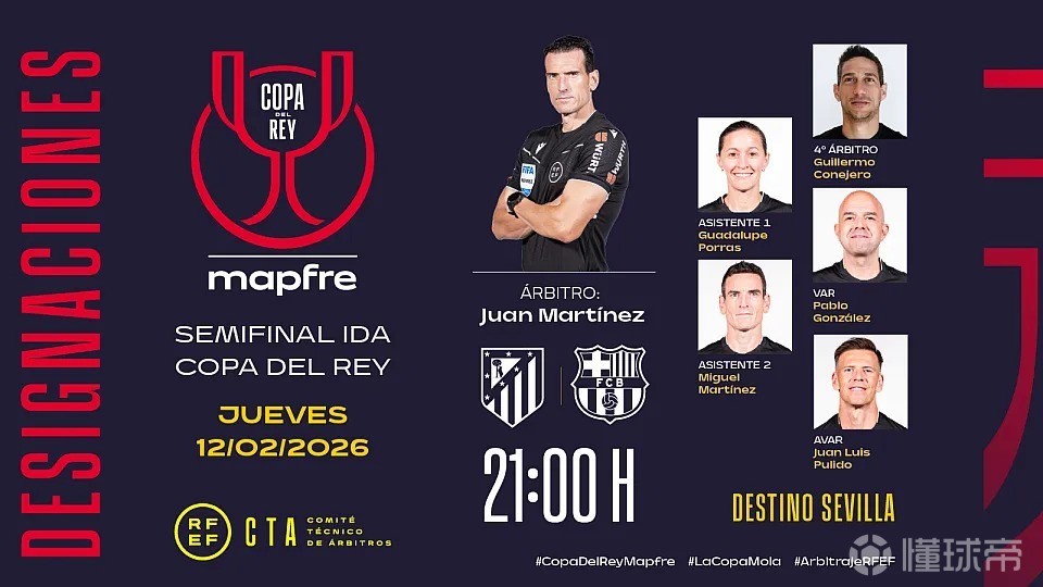 国王杯半决赛首回合马竞vs巴萨裁判安排：胡安-马丁内斯执法