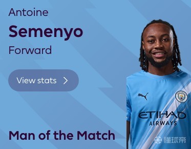 传射建功，塞门约当选曼城vs富勒姆全场最佳球员