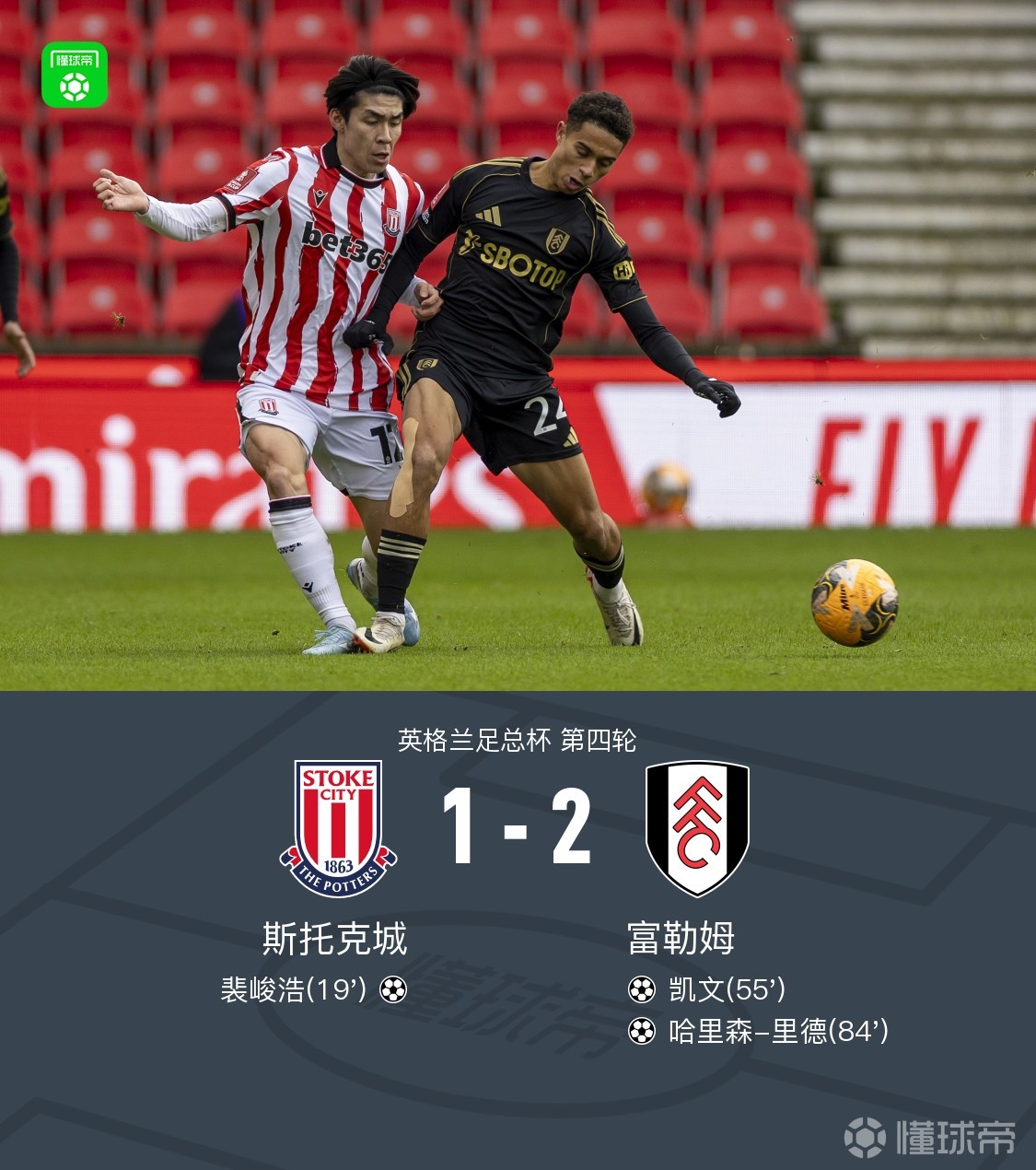 足总杯：富勒姆客场2-1逆转斯托克城晋级，凯文、里德破门