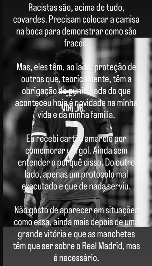 维尼修斯社媒回应：种族主义者是懦夫 他们说话还要把嘴给捂上