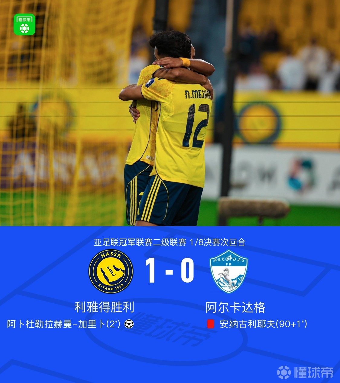 利雅得胜利1-0阿尔卡达格，总比分2-0晋级亚冠二级8强，加里卜制胜
