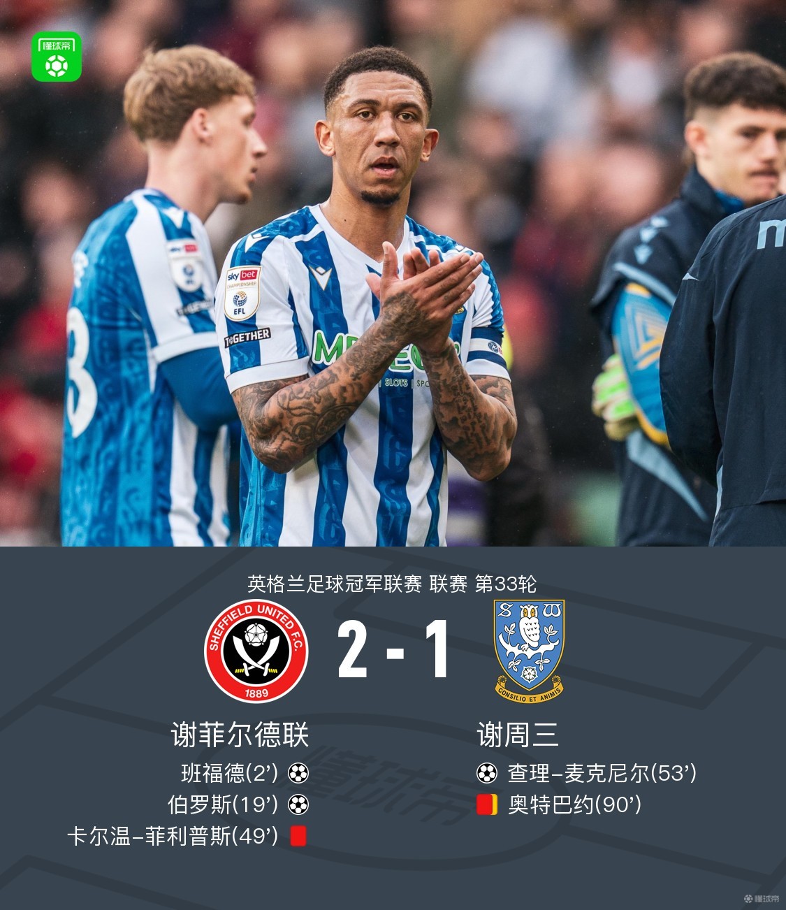 谢菲联2-1送谢周三提前13轮降级，伯罗斯、班福德破门