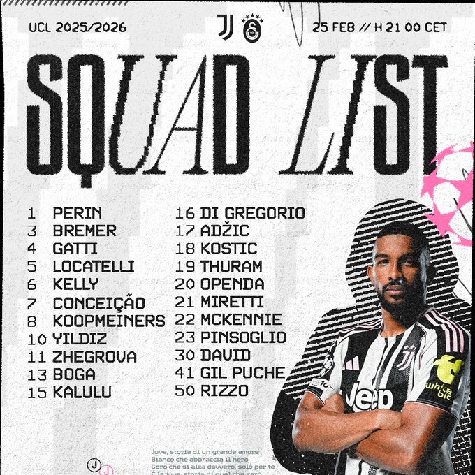 尤文欧冠大名单：伊尔迪兹、孔塞桑、戴维在列 DV9缺阵
