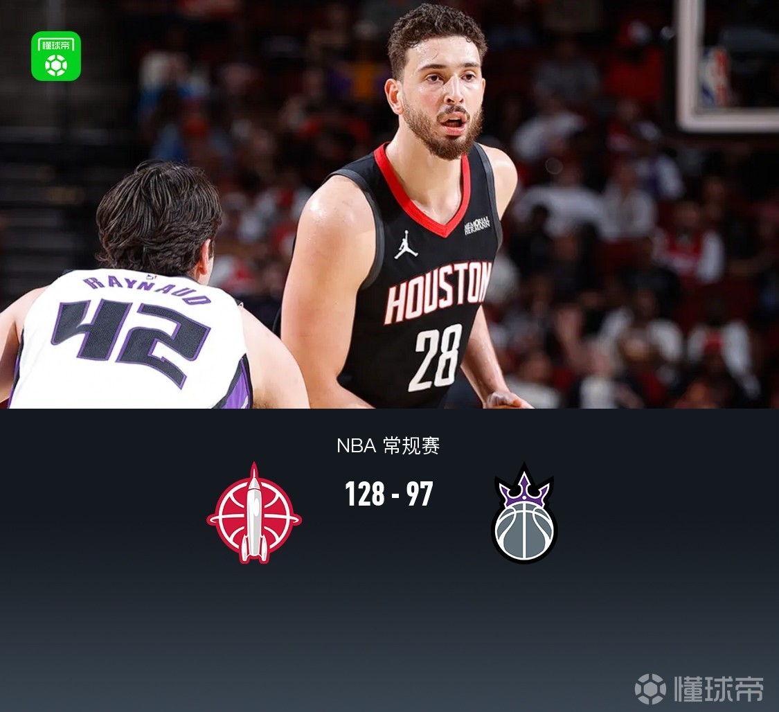 火箭128-97大胜国王，申京26+13+11，杜兰特21分，威少22分