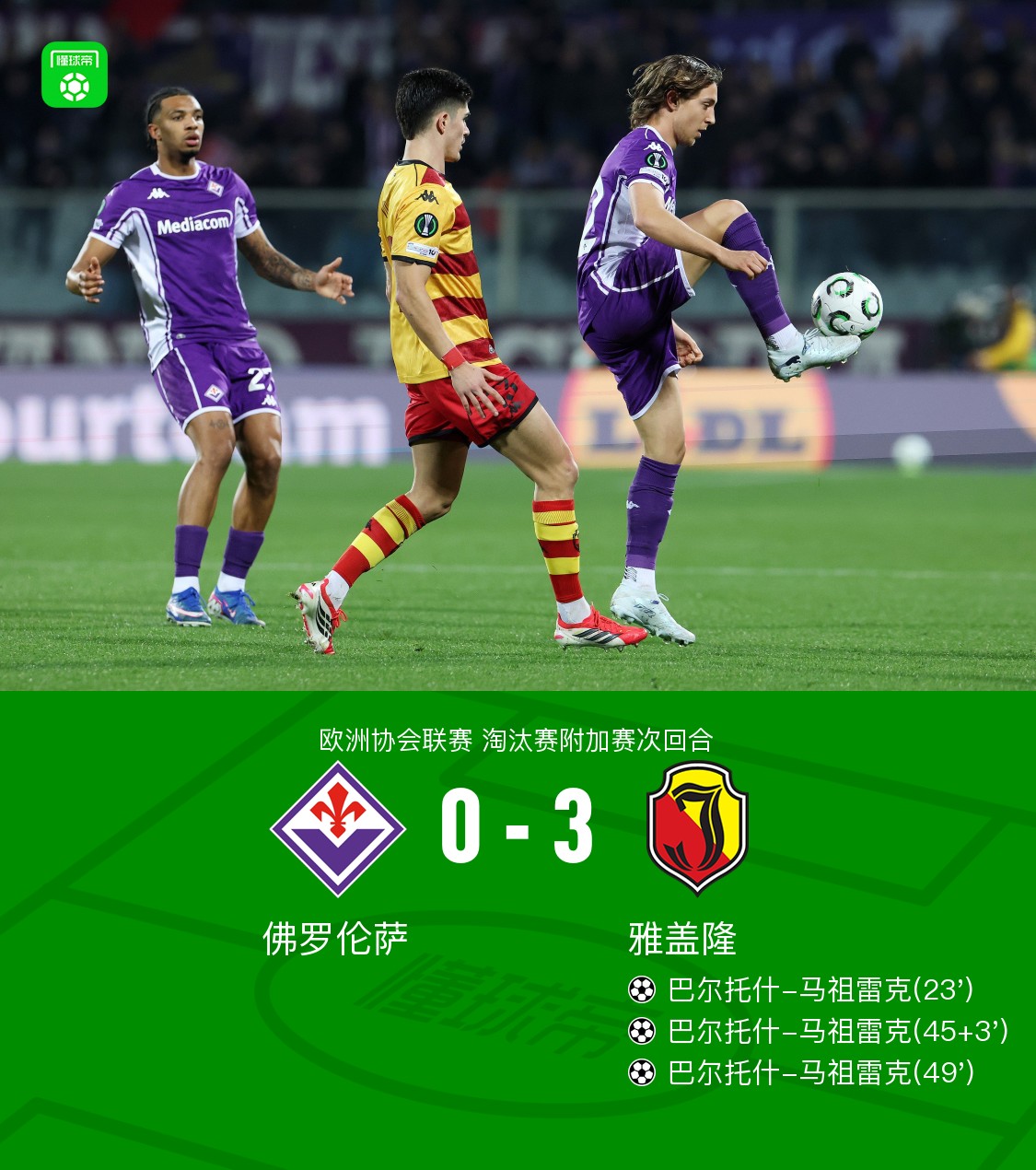 90分钟战报：总比分佛罗伦萨3-3雅盖隆，马祖雷克戴帽，双方进入加时