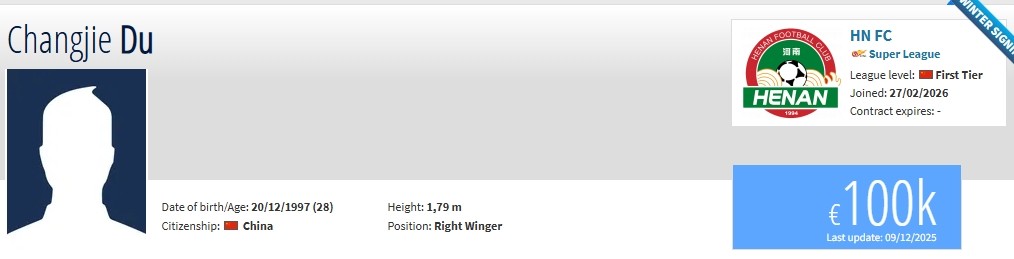 德转：杜长杰自由身回归河南队，上赛季效力于上海嘉定汇龙