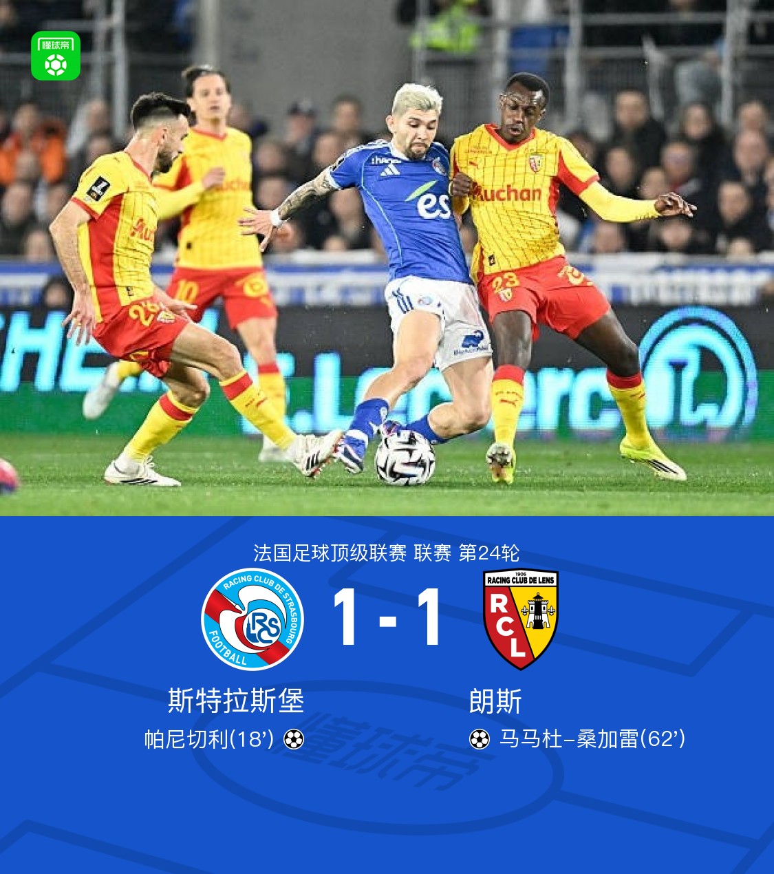斯特拉斯堡1-1朗斯，帕尼切利破门，桑加雷扳平，加尼乌送礼