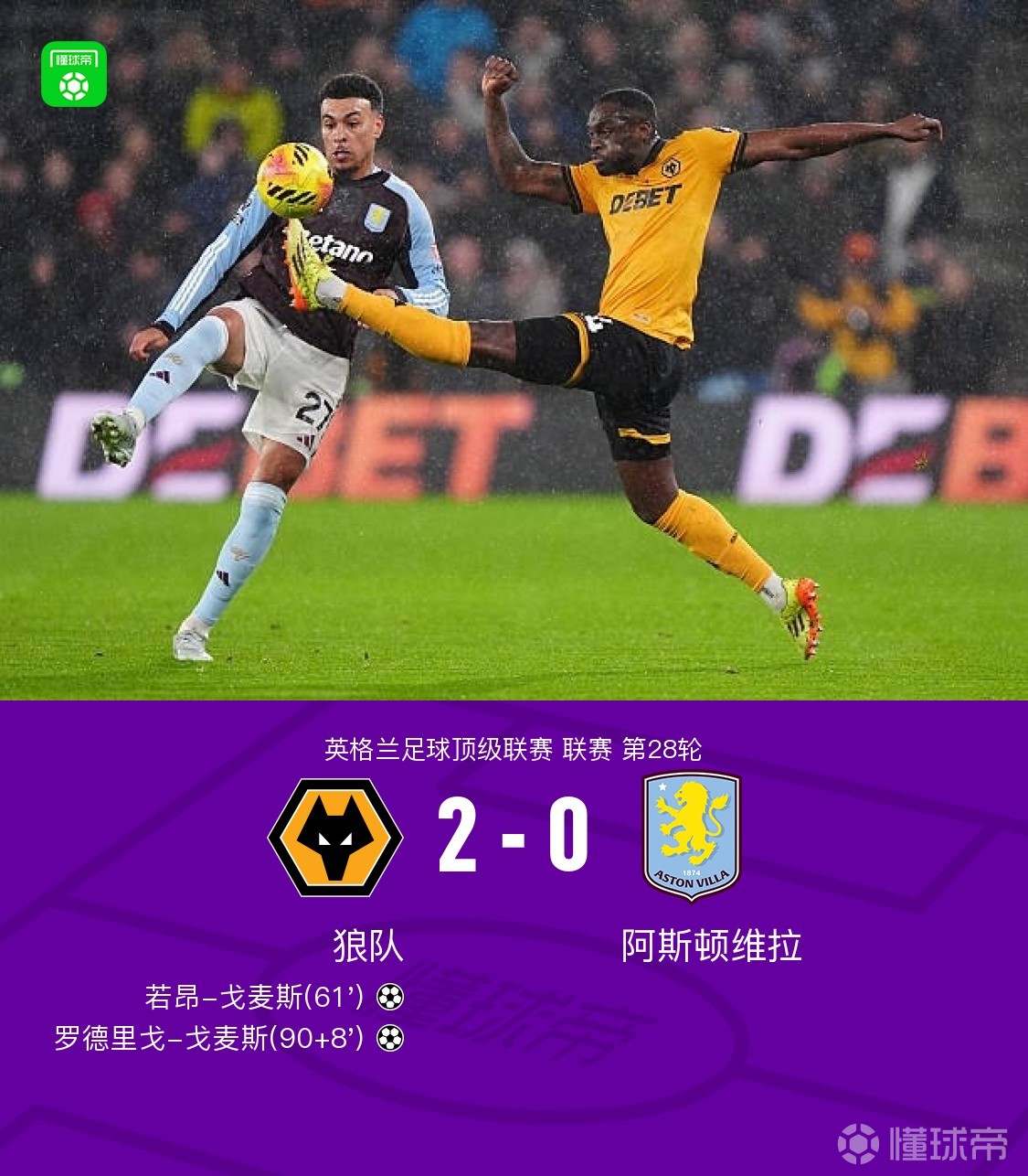 维拉0-2狼队遭遇三场不胜，若昂-戈麦斯破门，罗德里戈建功