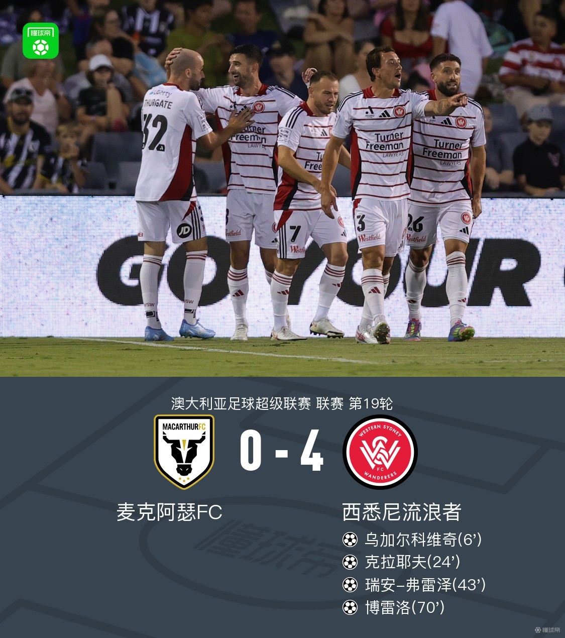 西悉尼流浪者4-0麦克阿瑟FC，弗雷泽建功，希克卢纳惊艳一条龙助攻