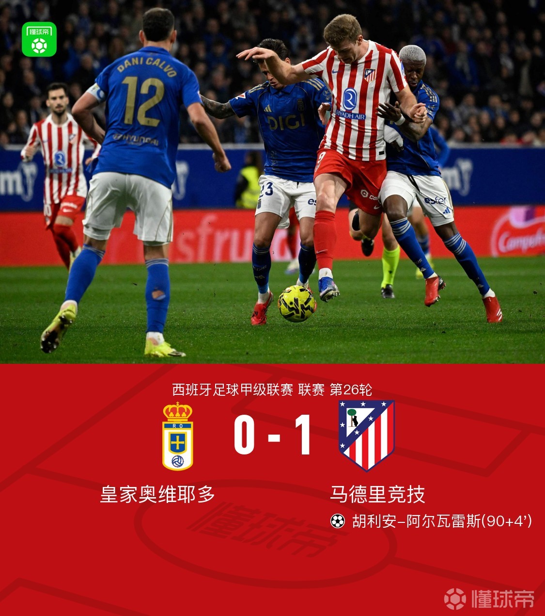 马竞1-0皇家奥维耶多，阿尔瓦雷斯读秒绝杀