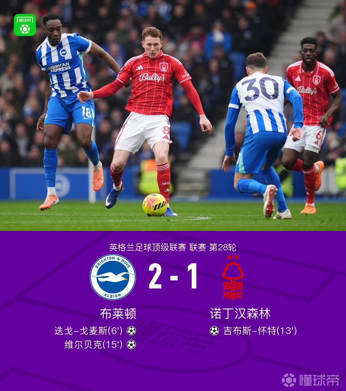 布莱顿2-1诺丁汉森林，戈麦斯、维尔贝克、吉布斯-怀特破门