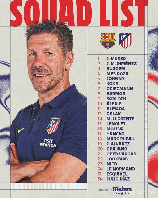 马竞客战巴萨名单：巴里奥斯、尼古拉斯-冈萨雷斯回归