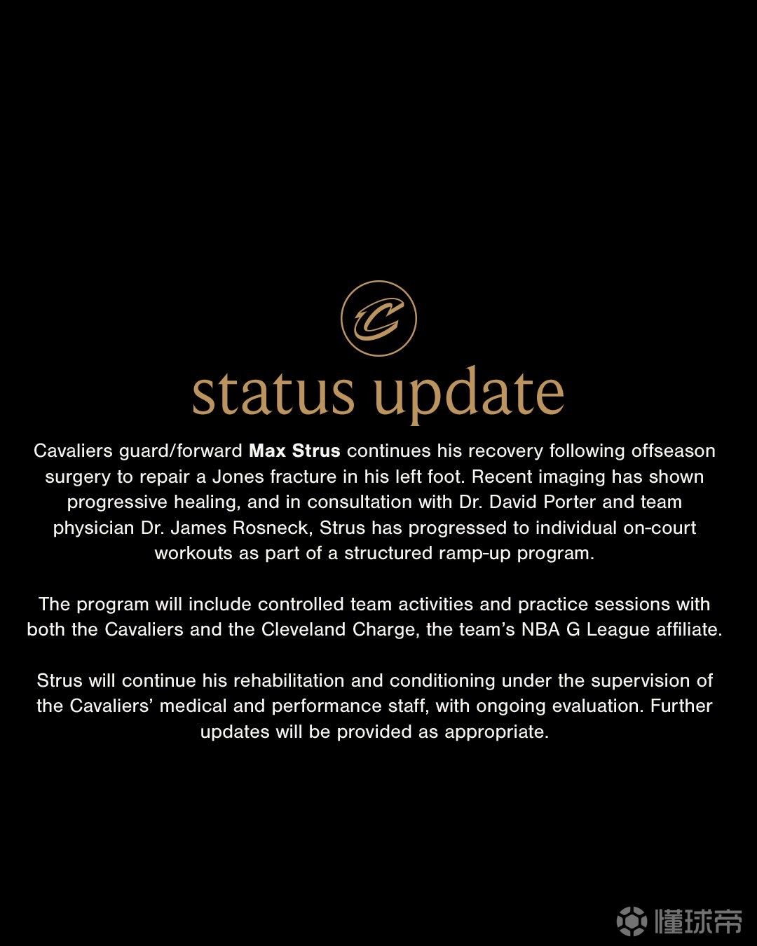骑士官方：斯特鲁斯恢复情况良好，接下来将逐步开启有球训练